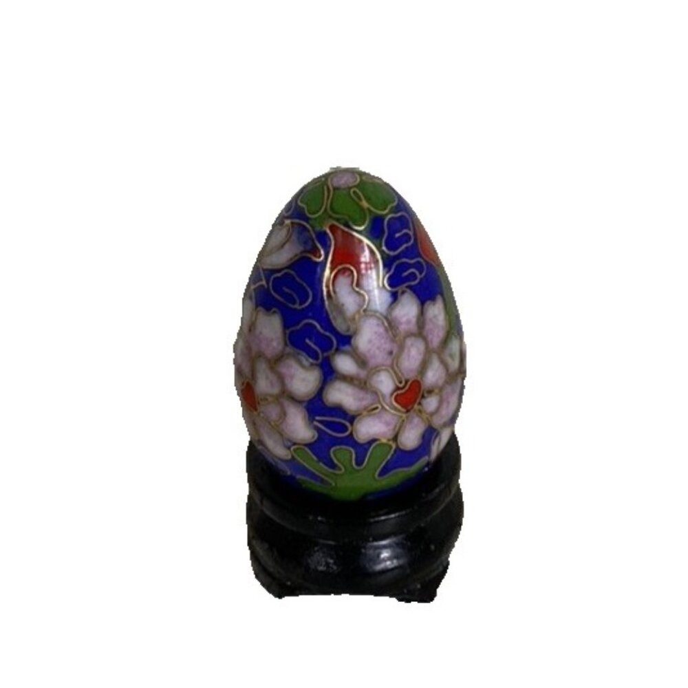 Miniature Cloisonné Egg Floral With Wood Stand Chinese Chrysanthemum Decor